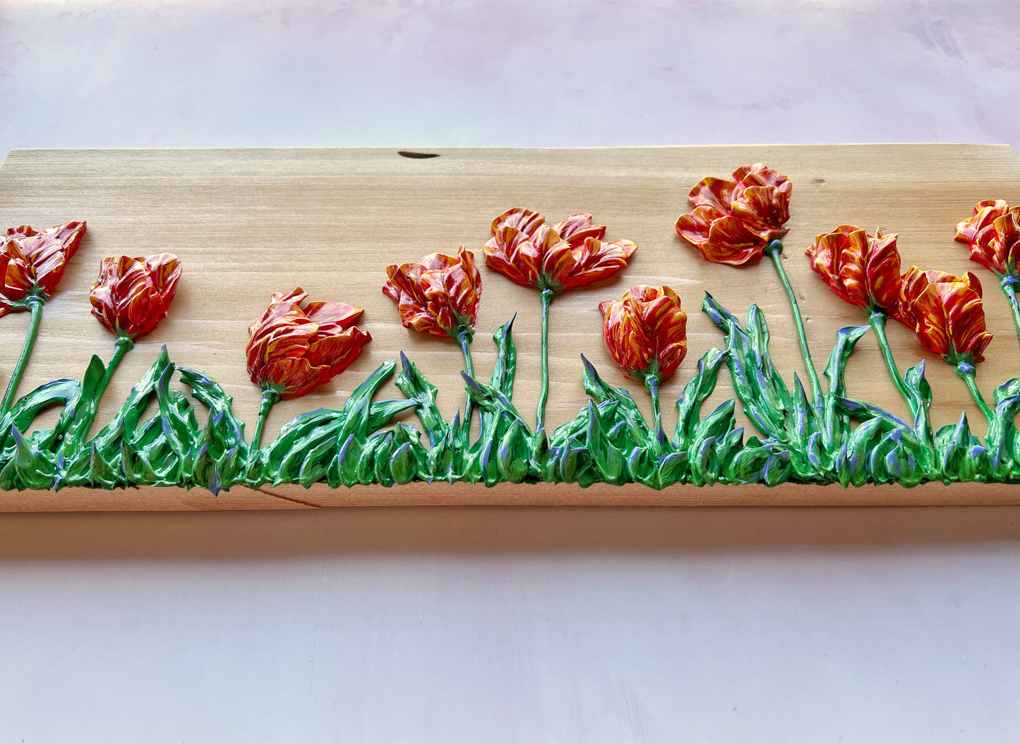 Variegated Tulips on Cedar