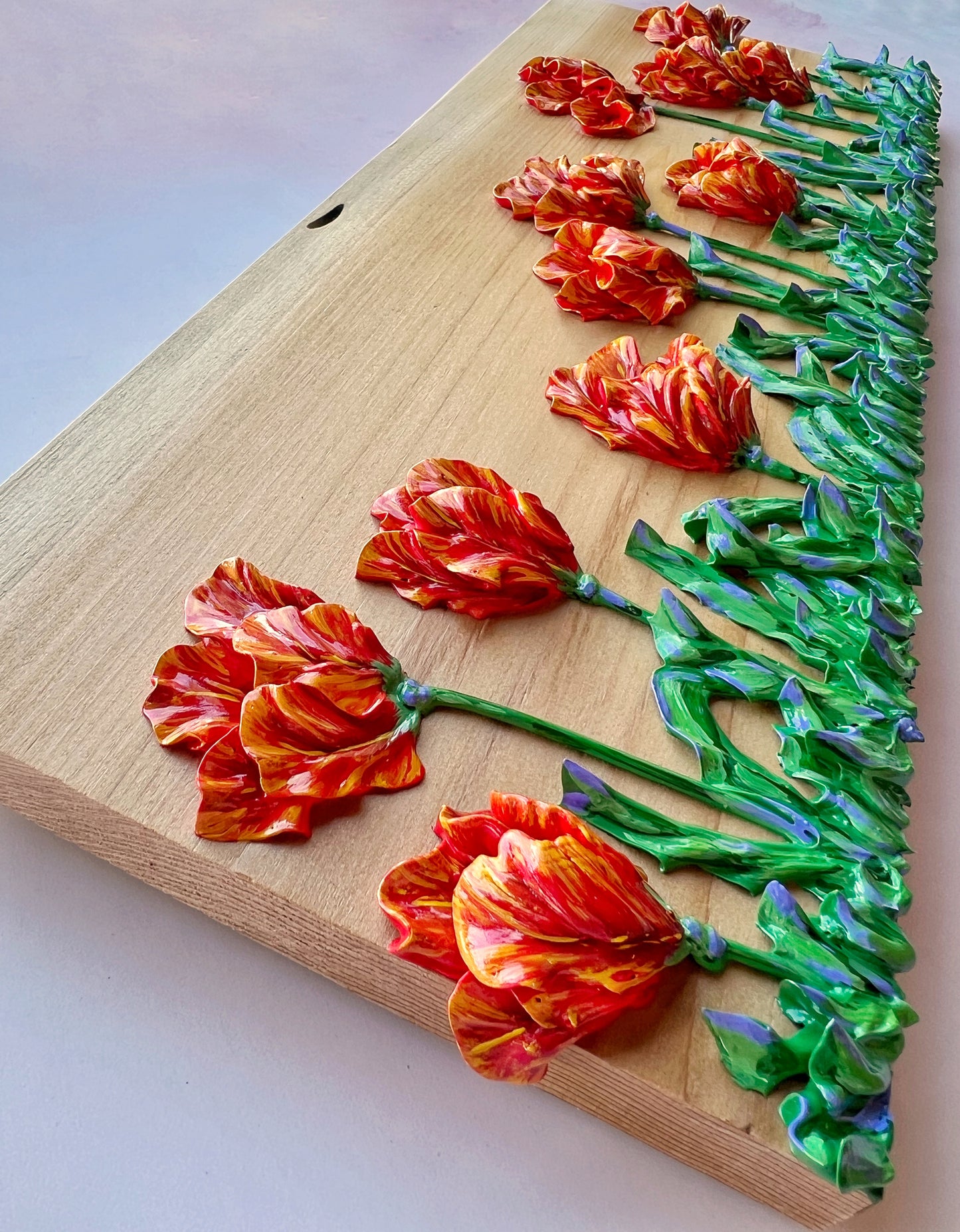 Variegated Tulips on Cedar