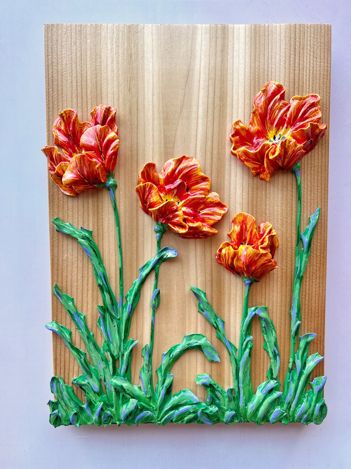 Variegated Red Tulips on Cedar #120